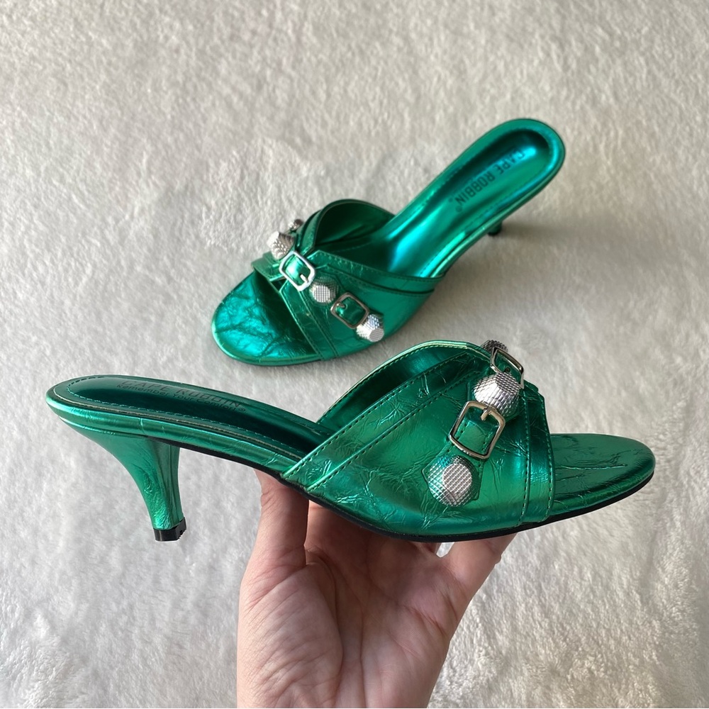 Cape Robbin Metallic Green Mid-Heel Slide Sandals with Silver Accents